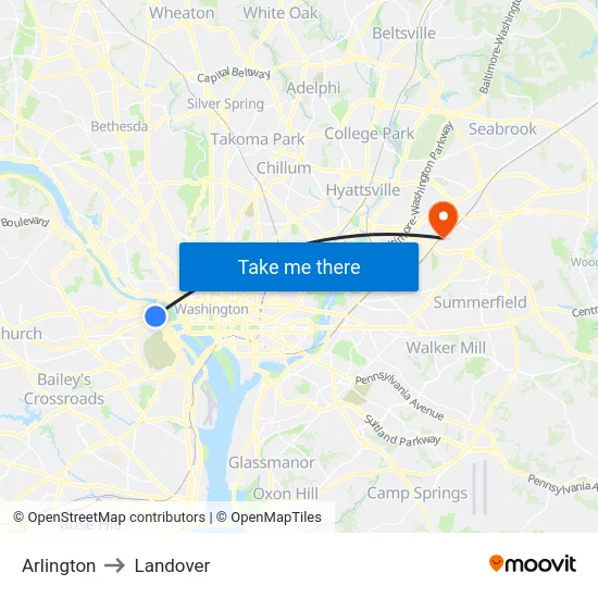 Arlington to Landover map