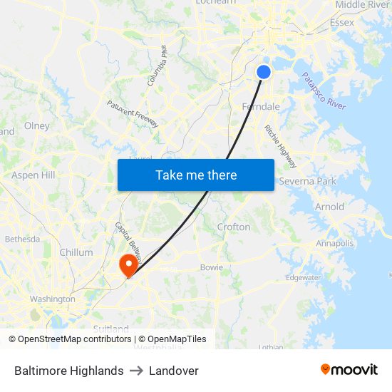 Baltimore Highlands to Landover map