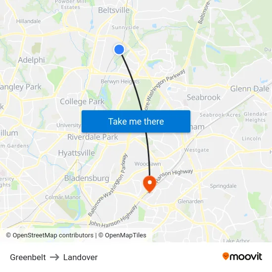 Greenbelt to Landover map