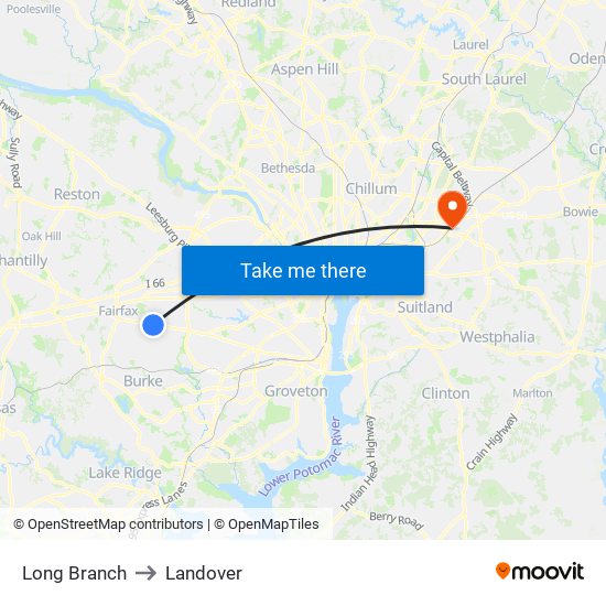 Long Branch to Landover map