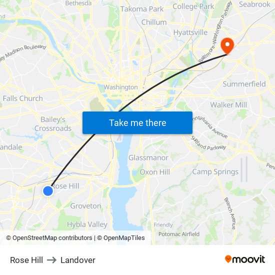 Rose Hill to Landover map