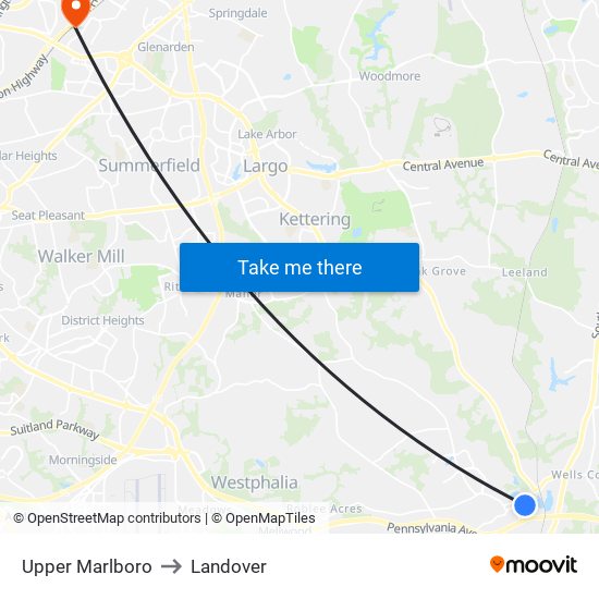 Upper Marlboro to Landover map