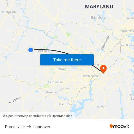 Purcellville to Landover map