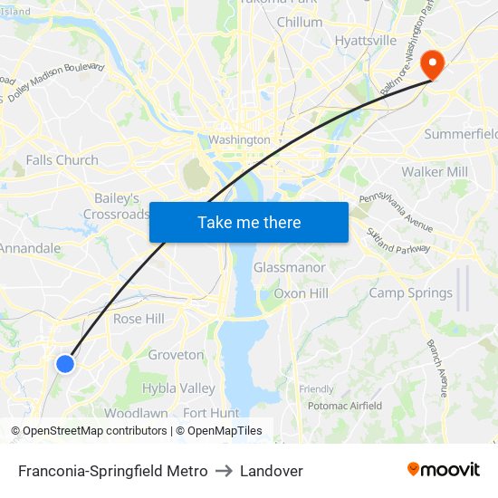 Franconia-Springfield Metro to Landover map