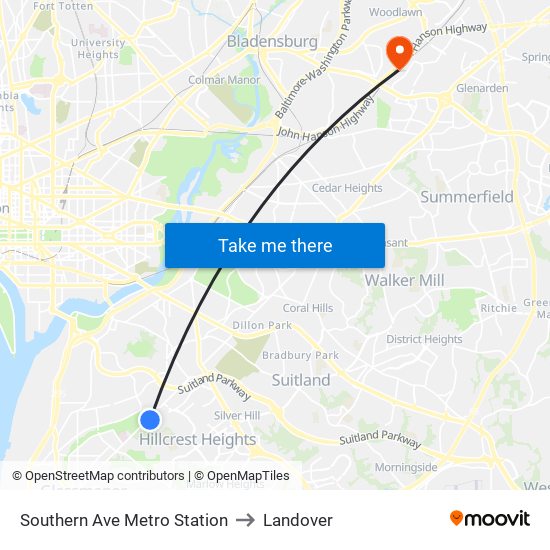 Southern Ave Metro Station to Landover map