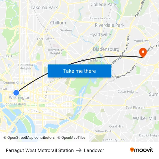 Farragut West to Landover map