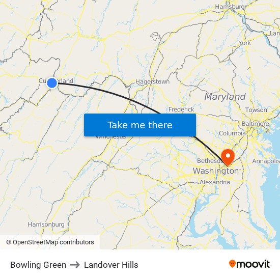 Bowling Green to Landover Hills map