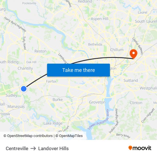 Centreville to Landover Hills map