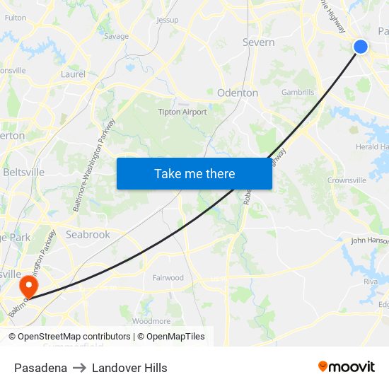 Pasadena to Landover Hills map