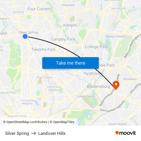 Silver Spring to Landover Hills map