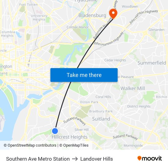 Southern Ave Metro Station to Landover Hills map