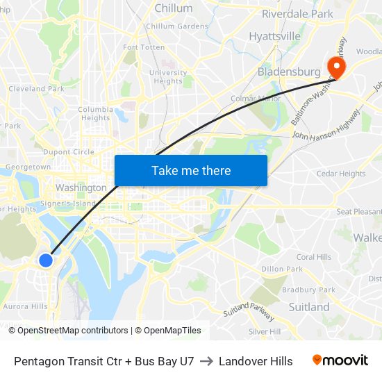 Pentagon Transit Ctr + Bus Bay U7 to Landover Hills map