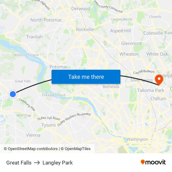 Great Falls to Langley Park map