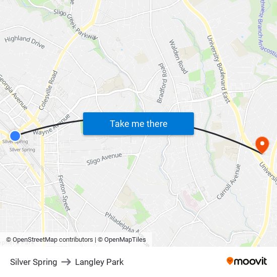 Silver Spring to Langley Park map