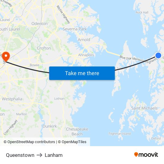 Queenstown to Lanham map