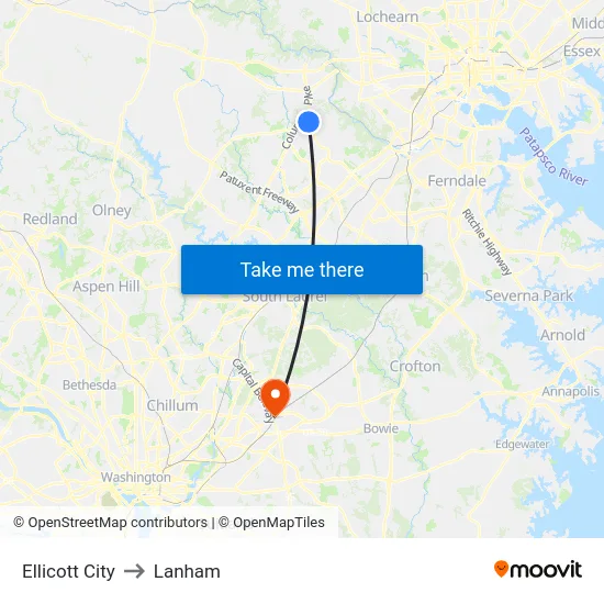 Ellicott City to Lanham map