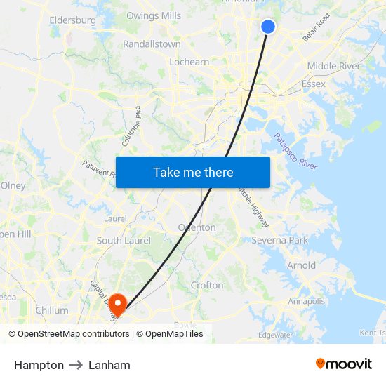 Hampton to Lanham map