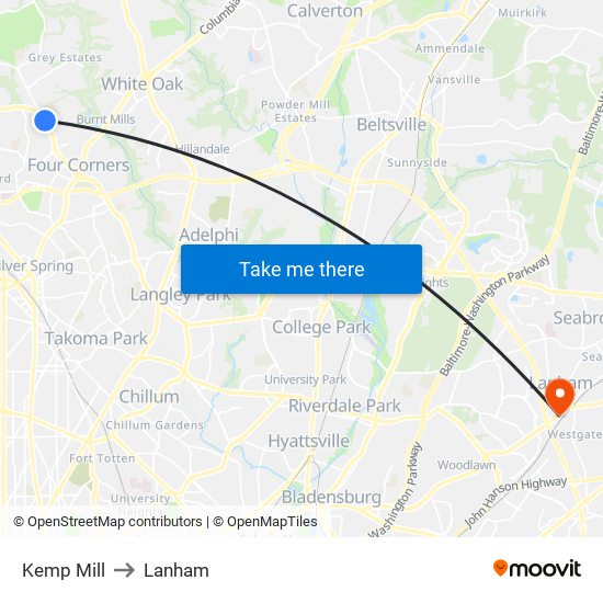 Kemp Mill to Lanham map
