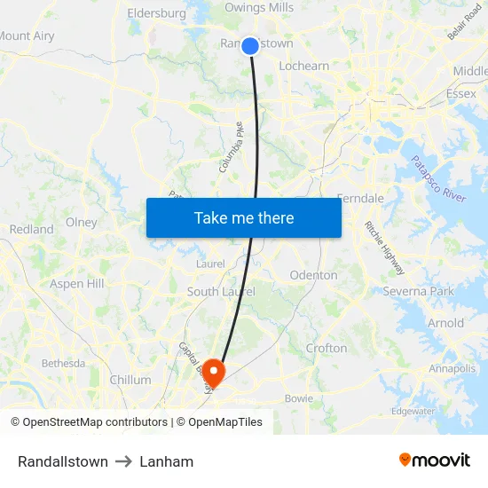 Randallstown to Lanham map