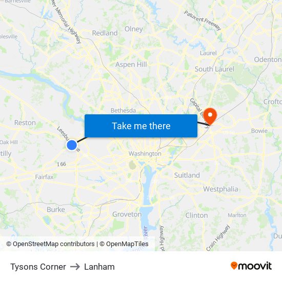 Tysons Corner to Lanham map