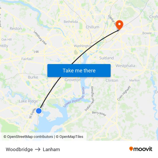 Woodbridge to Lanham map