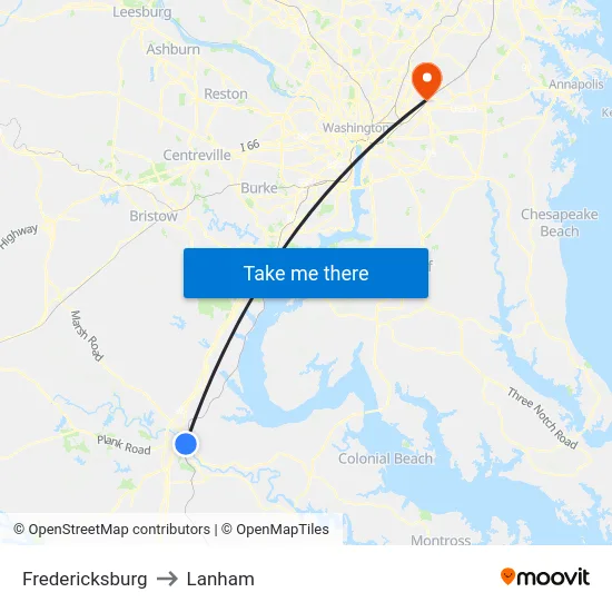 Fredericksburg to Lanham map