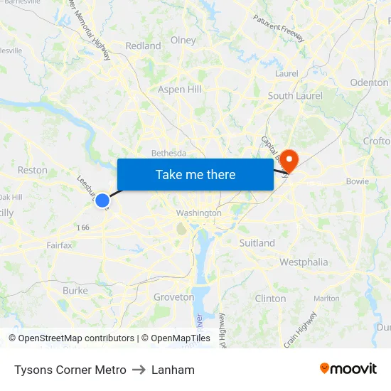 Tysons Corner Metro to Lanham map
