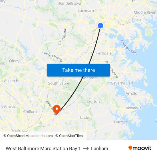 West Baltimore Marc Station Bay 1 to Lanham map