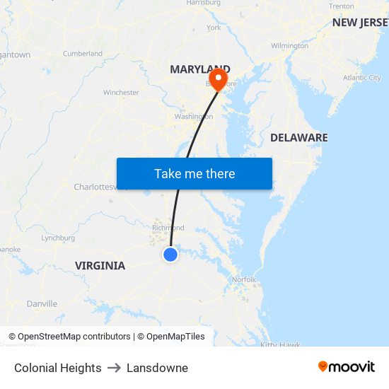 Colonial Heights to Lansdowne map