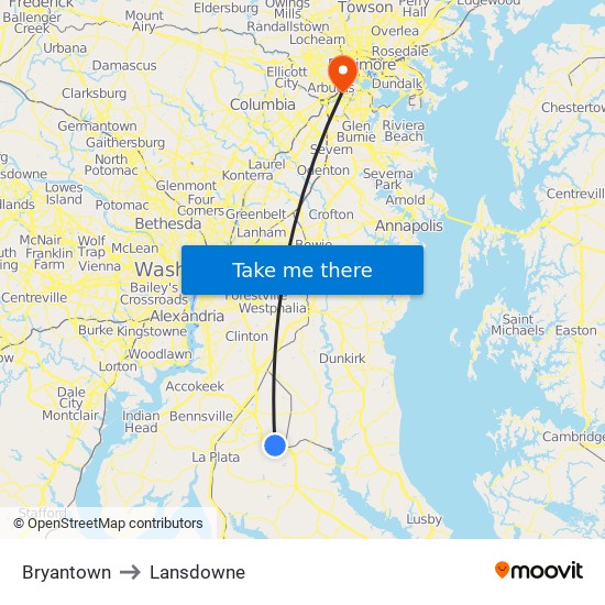 Bryantown to Lansdowne map