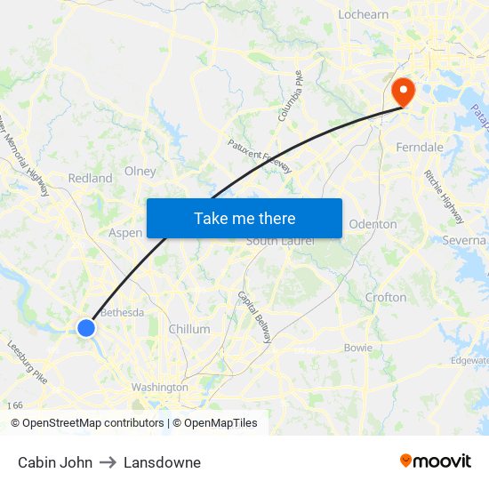 Cabin John to Lansdowne map