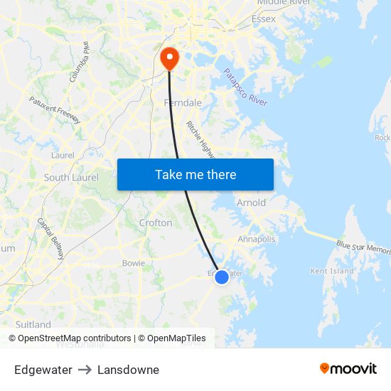 Edgewater to Lansdowne map