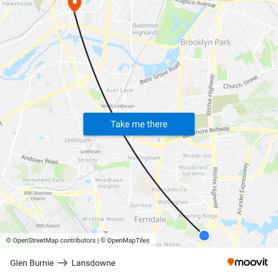 Glen Burnie to Lansdowne map