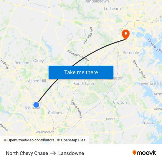 North Chevy Chase to Lansdowne map