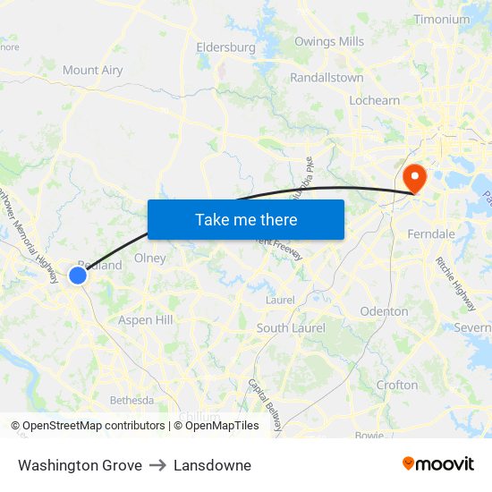 Washington Grove to Lansdowne map