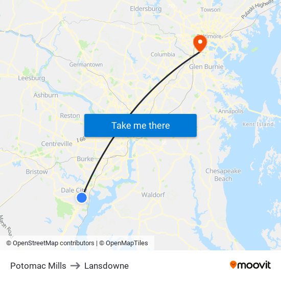 Potomac Mills to Lansdowne map