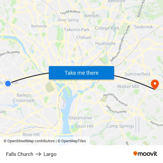 Falls Church to Largo map