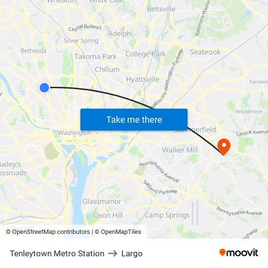 Tenleytown Metro Station to Largo map
