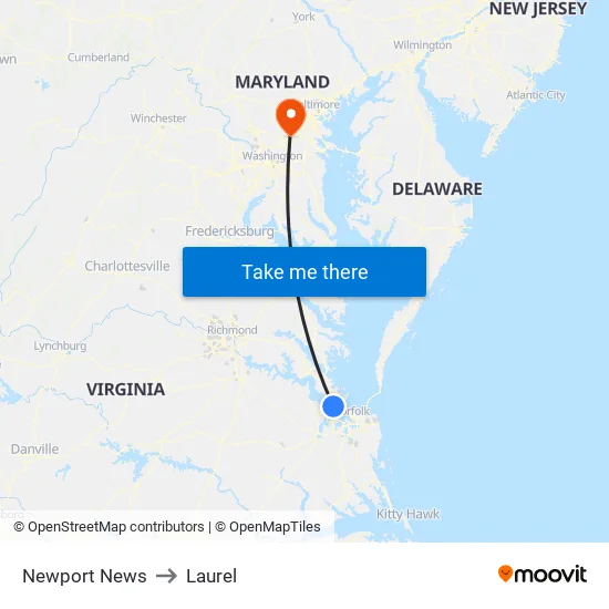 Newport News to Laurel map