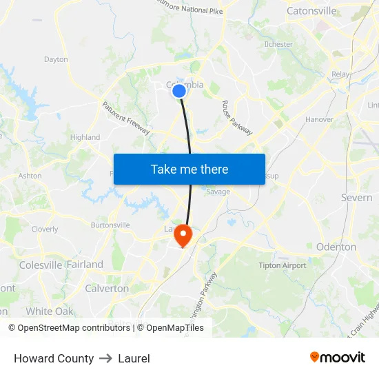 Howard County to Laurel map