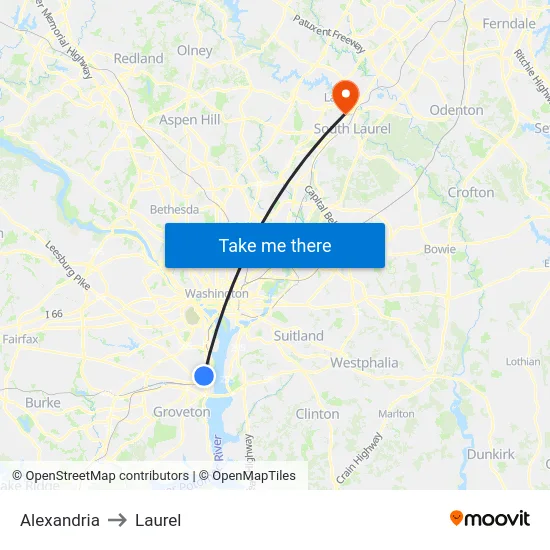 Alexandria to Laurel map