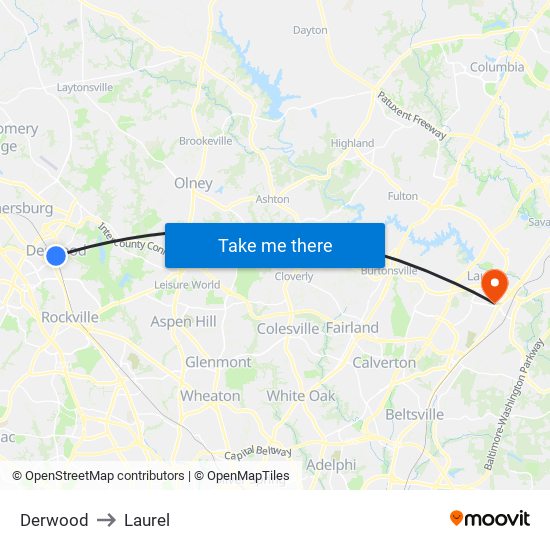 Derwood to Laurel map