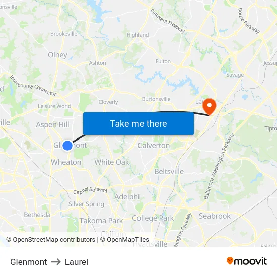 Glenmont to Laurel map