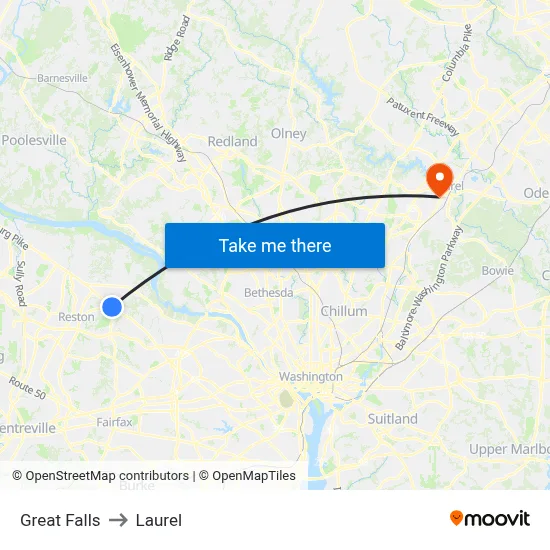 Great Falls to Laurel map