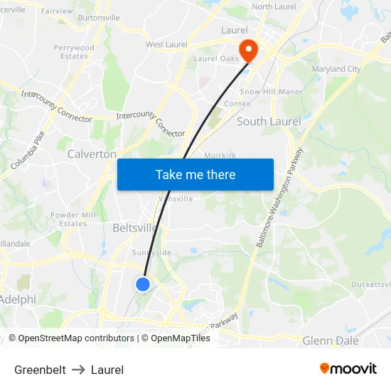 Greenbelt to Laurel map