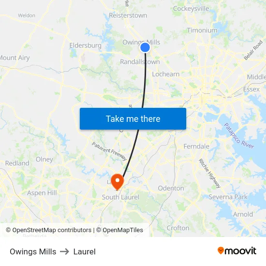 Owings Mills to Laurel map