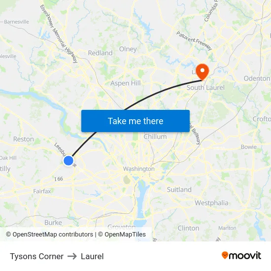 Tysons Corner to Laurel map