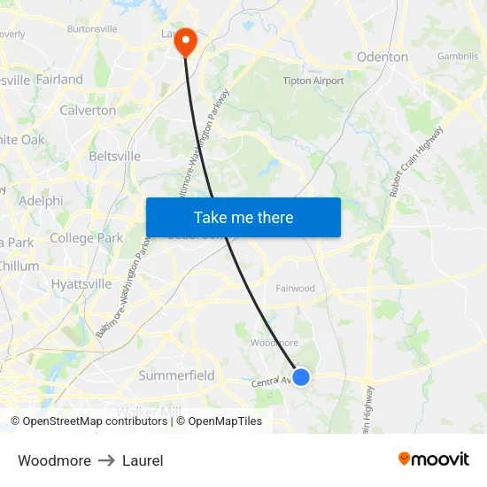 Woodmore to Laurel map