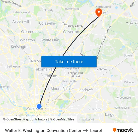 Walter E. Washington Convention Center to Laurel map