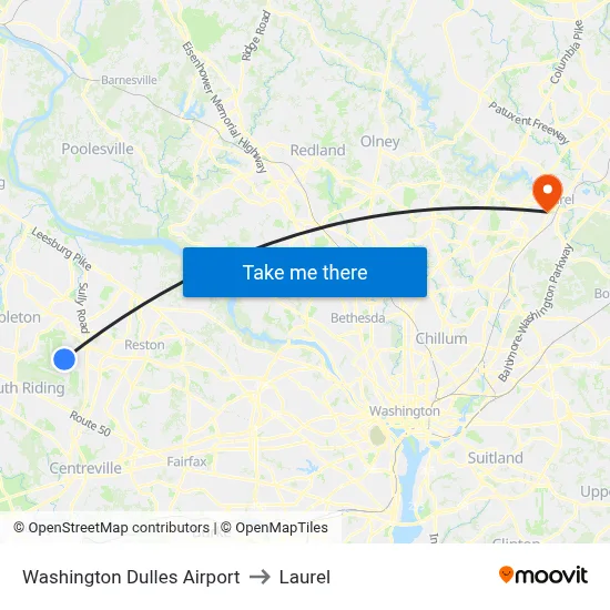 Washington Dulles Airport to Laurel map